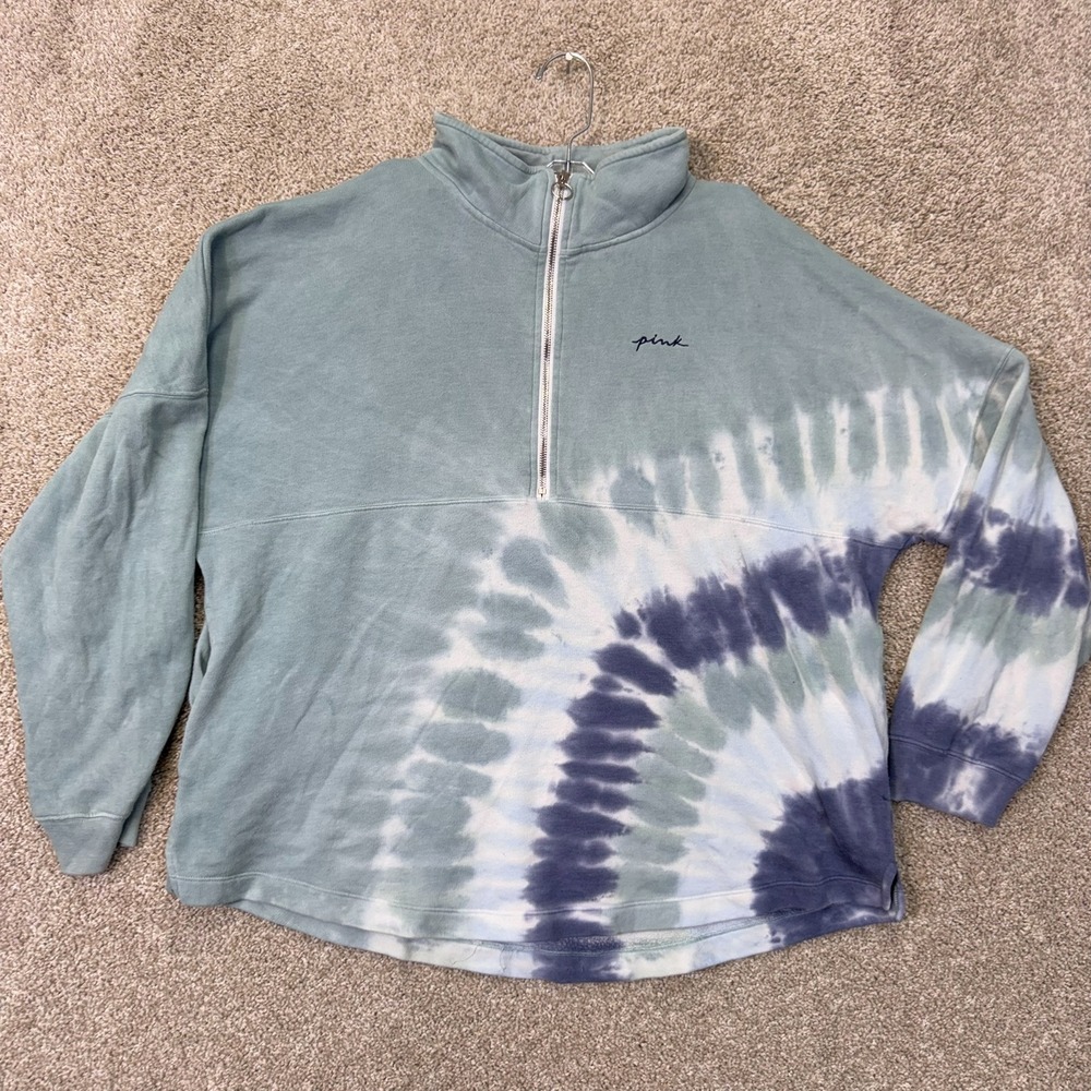 PINK Victoria's Secret Sweatshirt Womens L Quarter-Zip Tie-Dye Green EUC